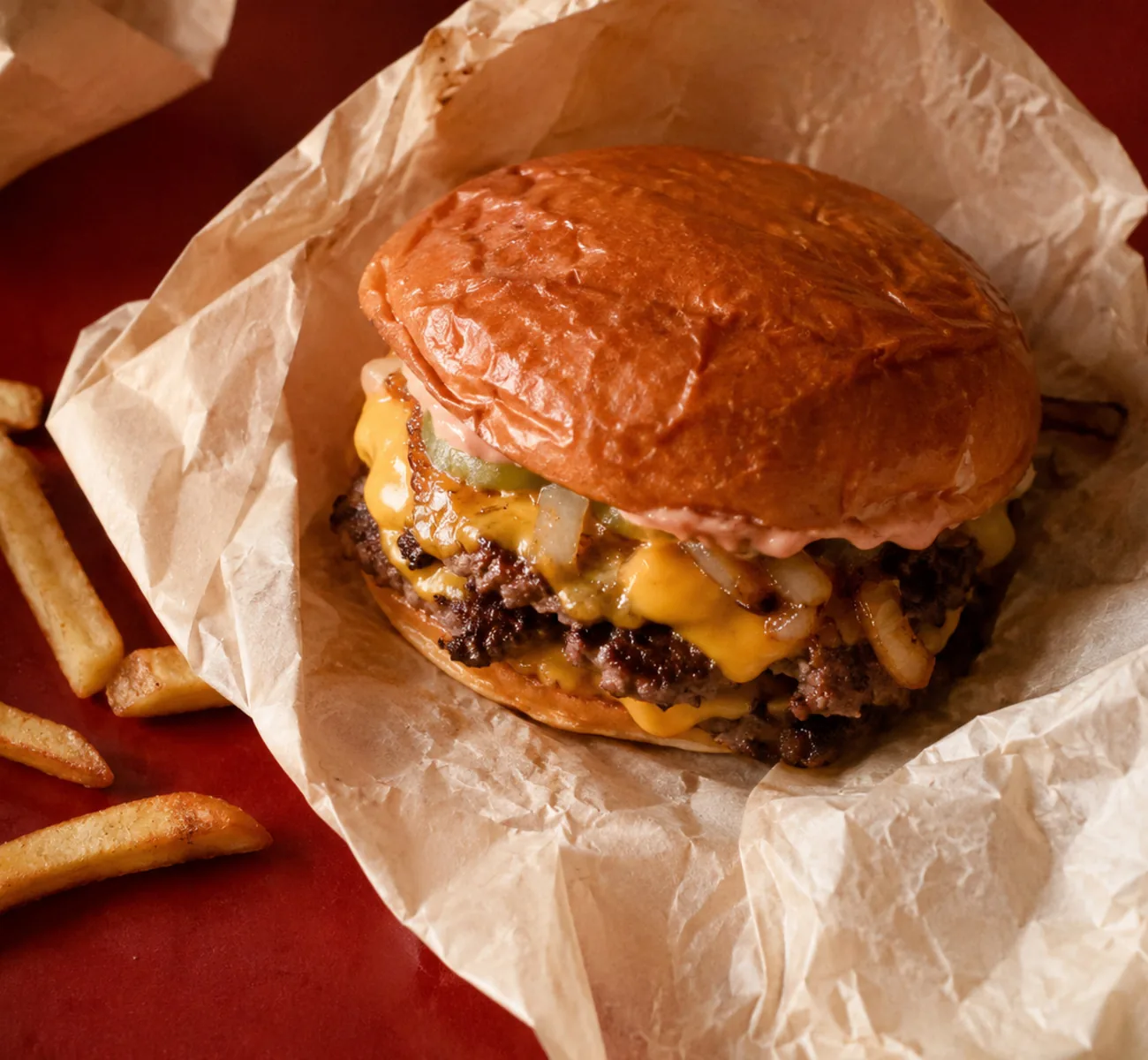 Smash Burger halb ausgewickelt im Einschlagpapier