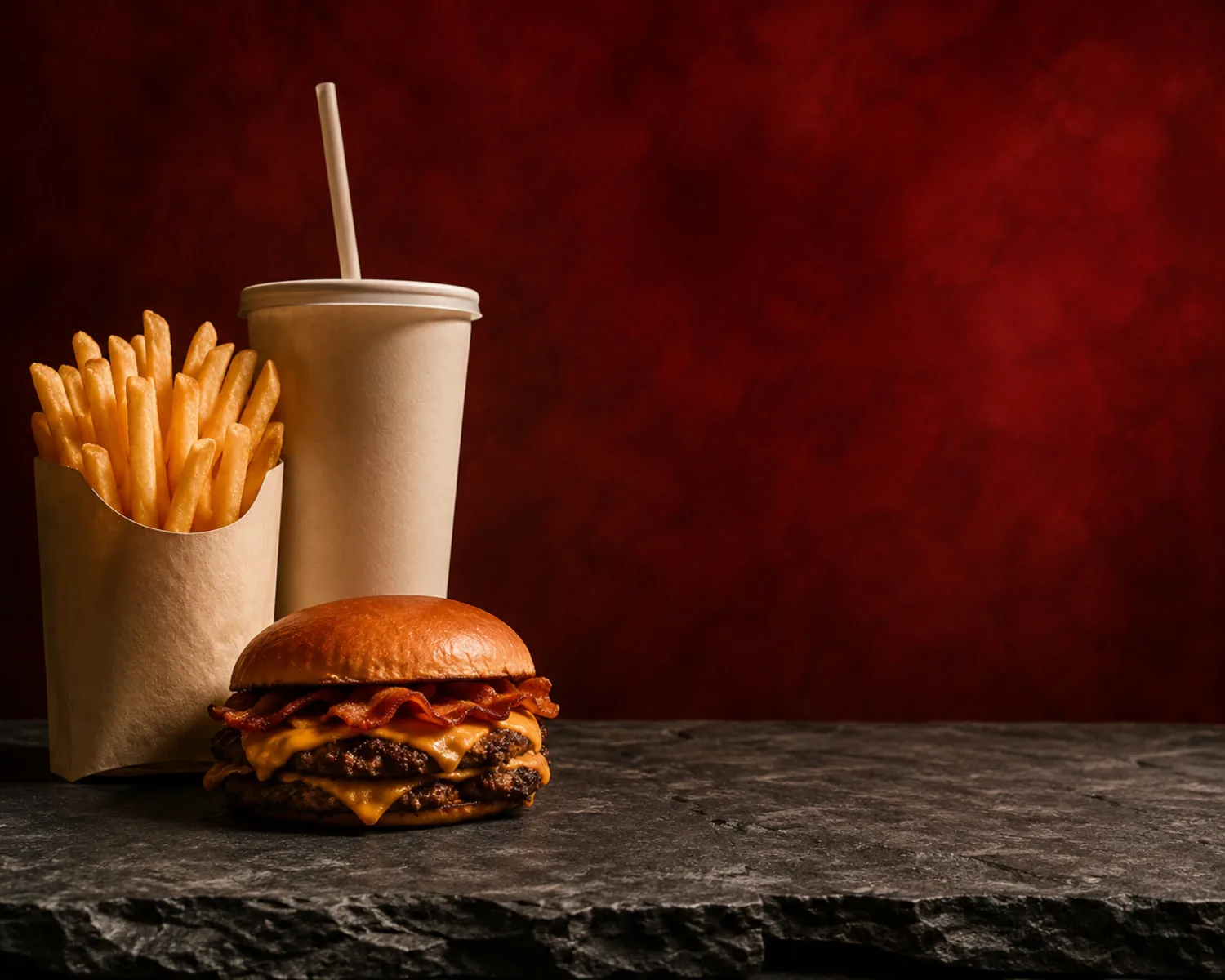 Menü aus Smash Burger, Krustenpommes und Getränk