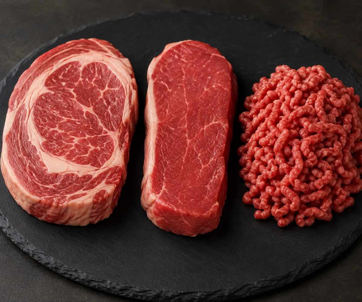 Rib Eye, Hüftsteak und frisch gewolftes Rinderhack auf einer Schieferplatte