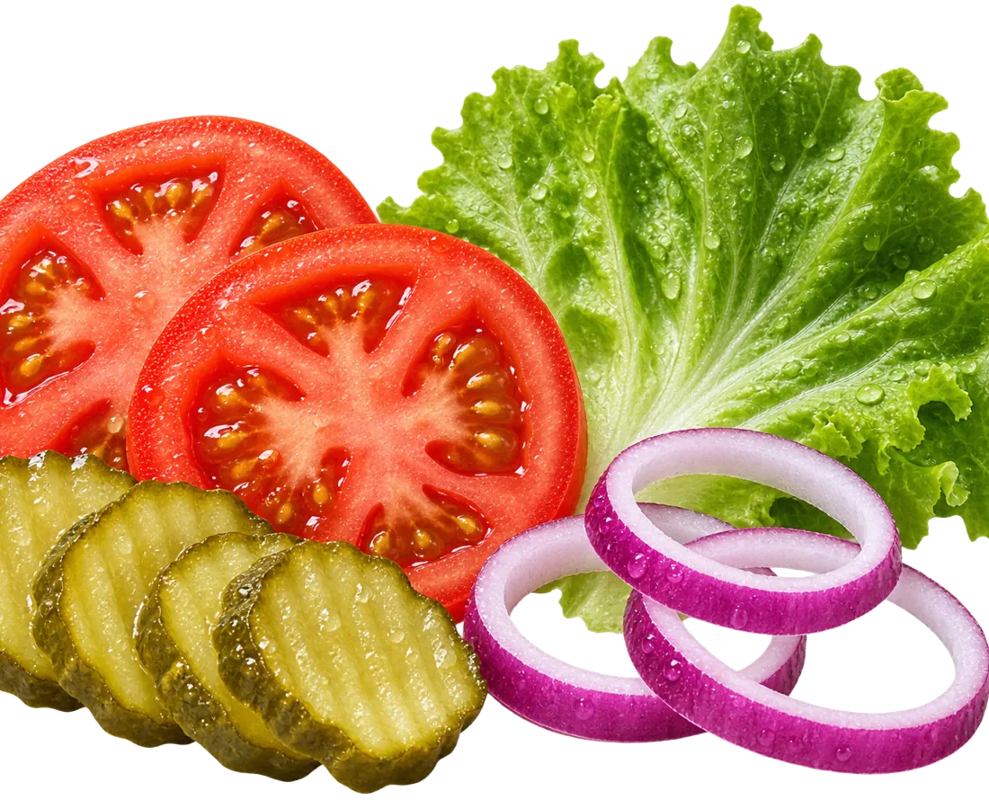 Tomate, Salat, Zwiebelringe und Gurkenscheiben