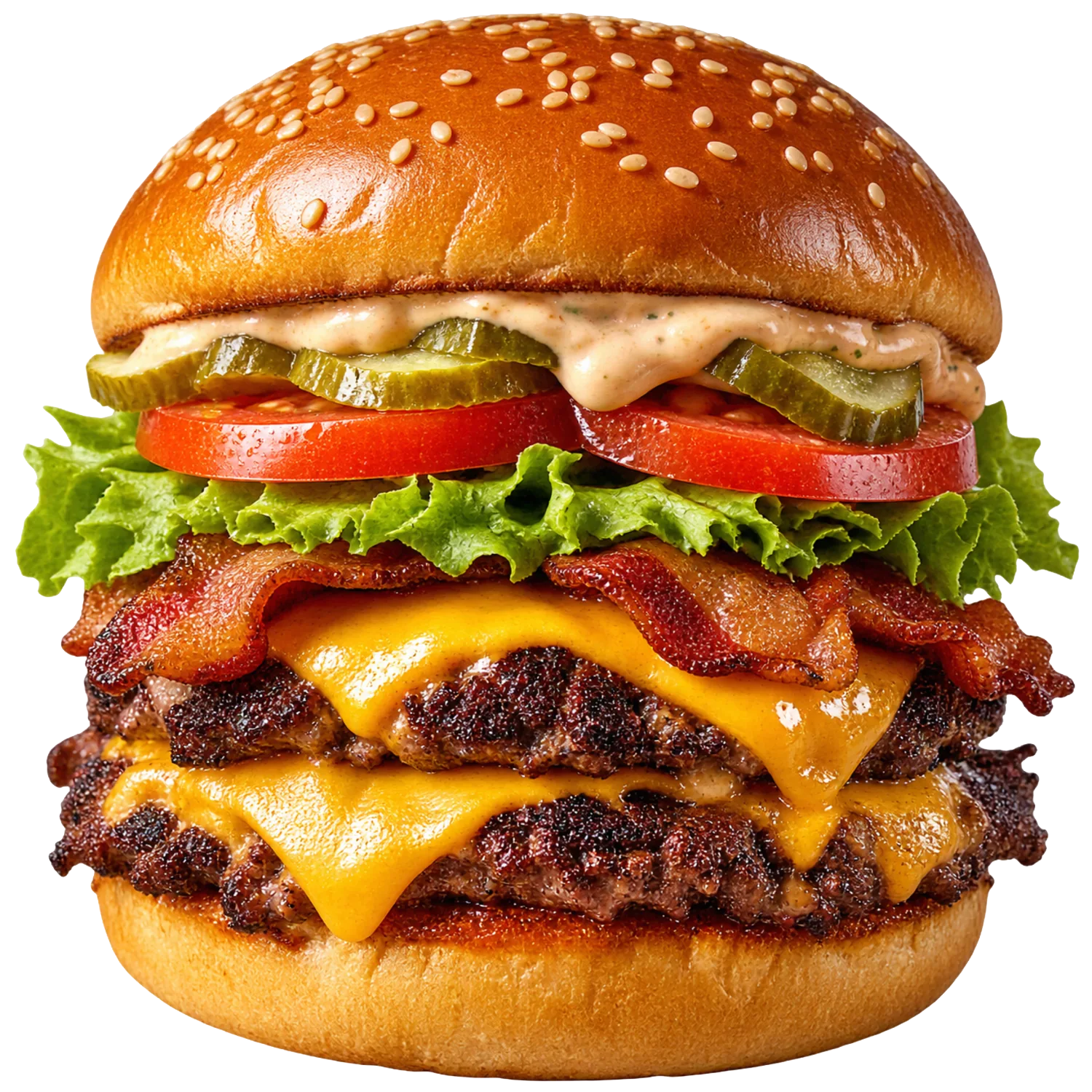 Doppelter Smash Burger mit Speck, geschmolzenem Käse, Salat, Tomate und Gurke