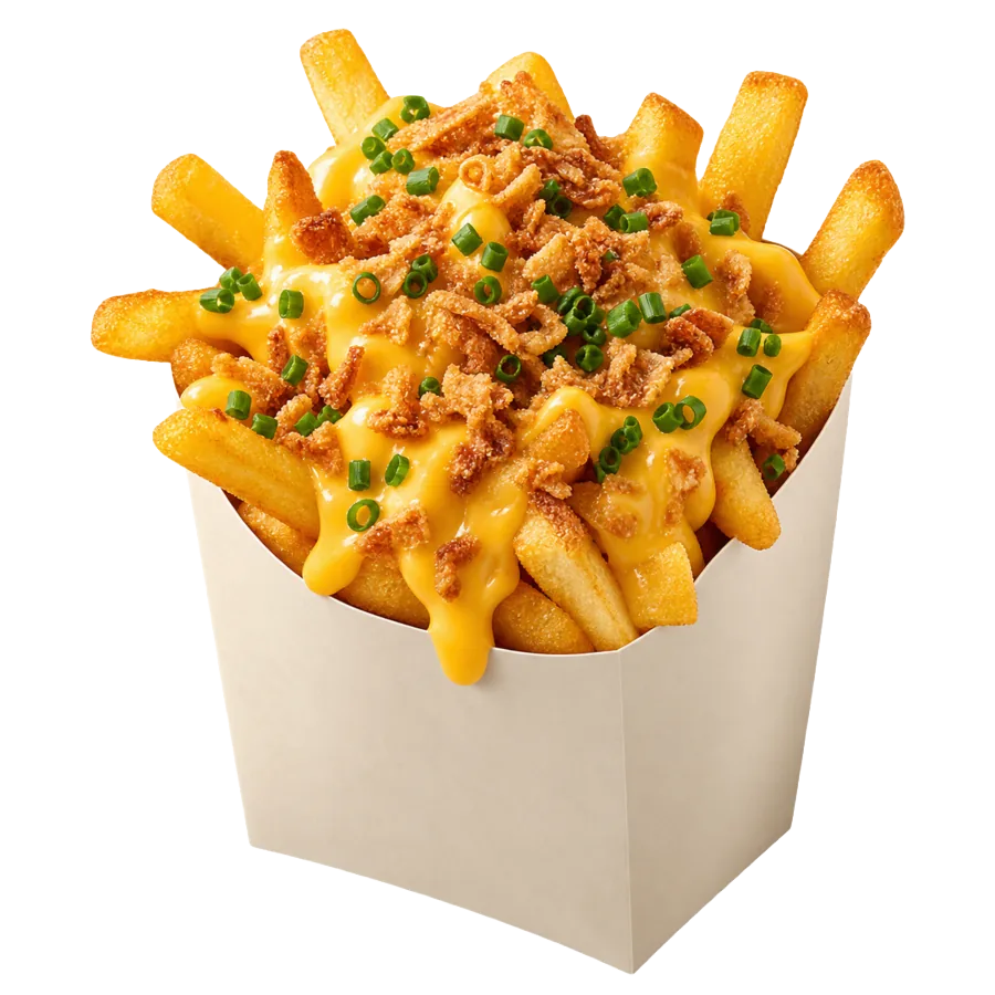 Pommes mit warmer Käsesauce und Röstzwiebeln