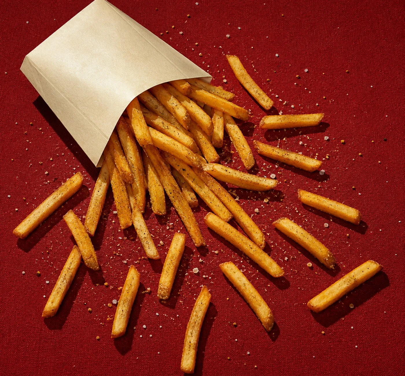 Umgekippte Tüte mit gewürzten Pommes frites