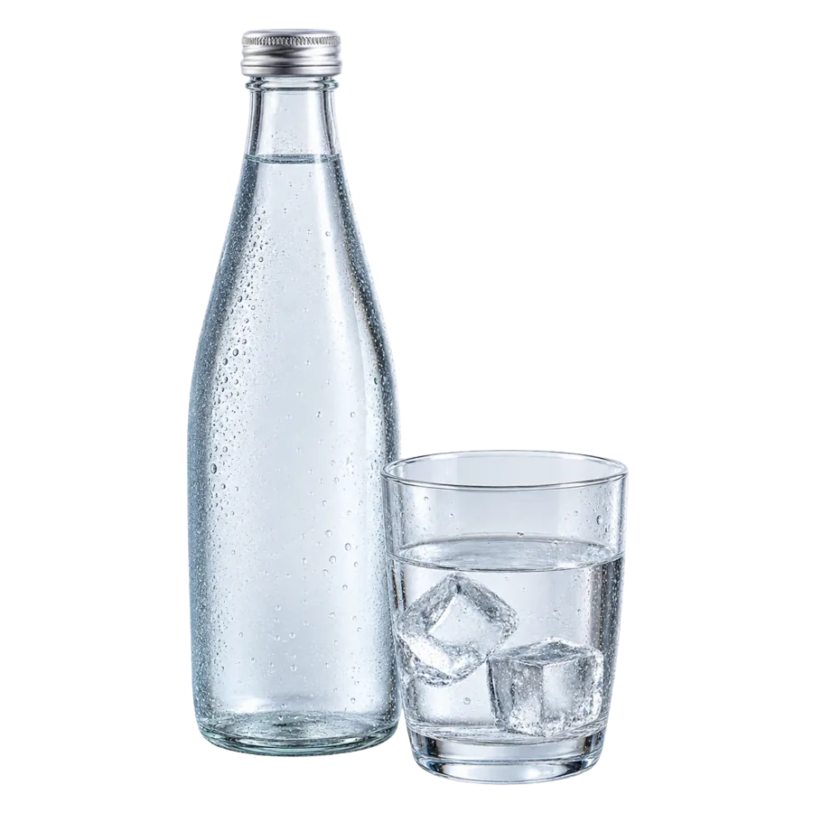 Glasflasche Wasser mit gefülltem Glas
